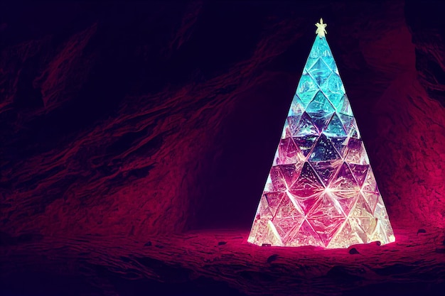 Glowing crystal christmas tree in a dark cave