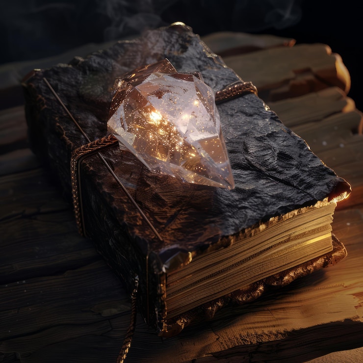 Фотография блестящий кристалл, опирающийся на закрытую античную книгу с изношенной кожаной обложкой