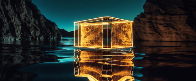 A glowing cube is floating in a lake with mountains in the background.