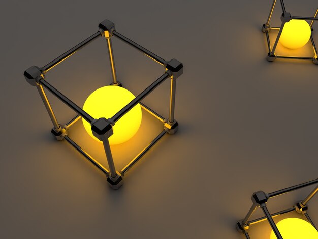 蛍光管の輝く立方体。幾何学的処理施設の抽象的な構成