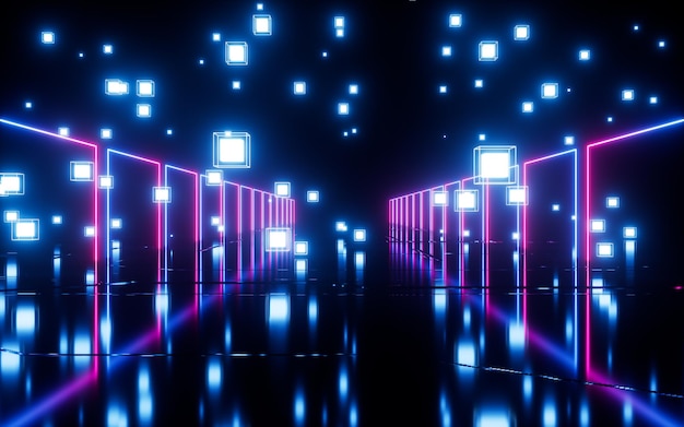 glowing cubes and neon lines neon tunnel and materials 3d rendering