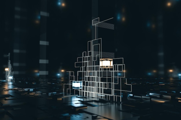 Светящиеся кубики с контурными линиями на темном фоне 3d-рендеринга