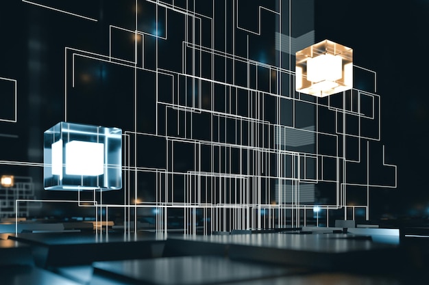 Светящиеся кубики с контурными линиями на темном фоне 3d-рендеринга