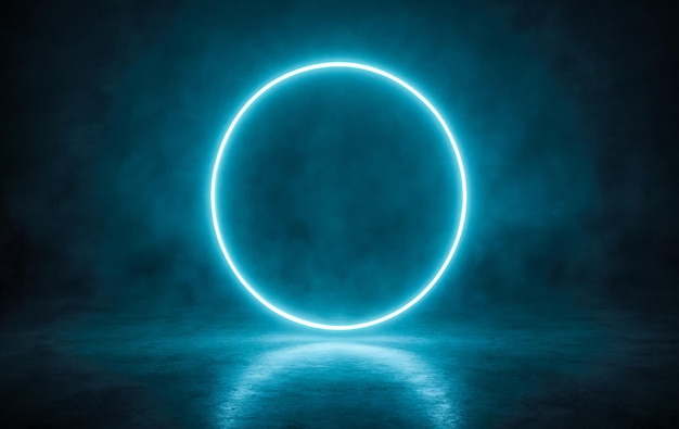 glowing cyan neon circle in dark smoky studio creates futuristic spotlight stage for product presentation mockup banner or advertisement design
