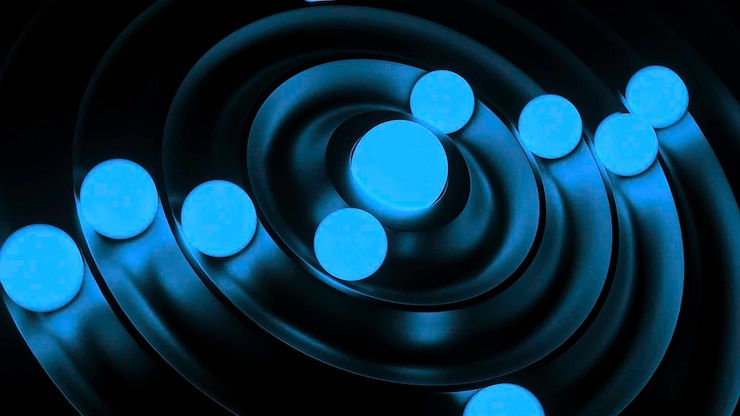 Photo glowing d balls move in rings design rotating d balls in spiral rings glowing balls move in orbits