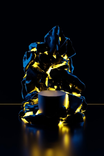 Glowing dark rock round podium on a black background 3d render