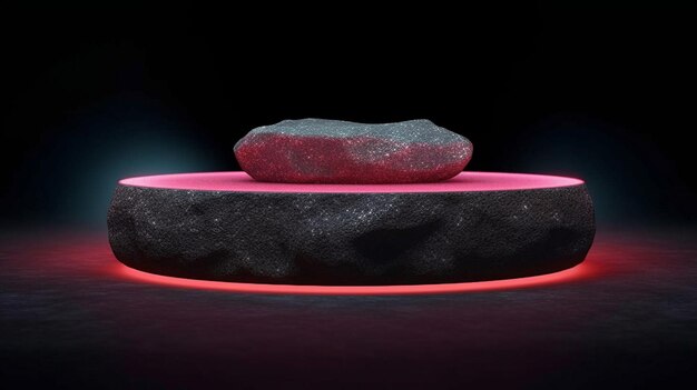 glowing dark rock round podium on a black background