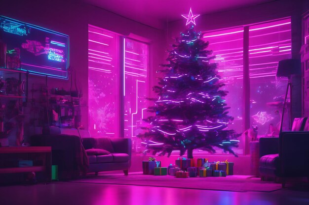 Glowing decorated neon christmas tree xmas wallpaper