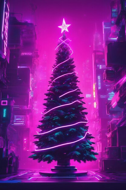 Glowing decorated neon christmas tree xmas wallpaper