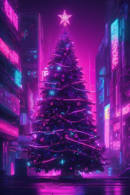 Glowing decorated neon christmas tree xmas wallpaper