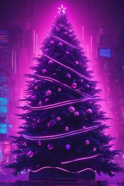 Glowing decorated neon christmas tree xmas wallpaper