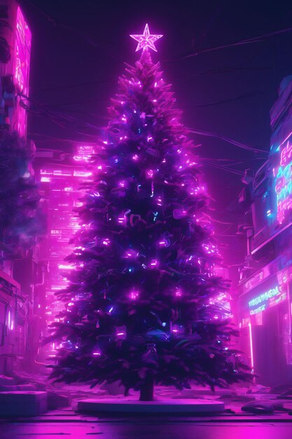 Glowing decorated neon christmas tree xmas wallpaper