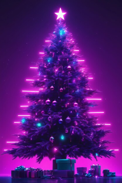 Photo glowing decorated neon christmas tree xmas wallpaper