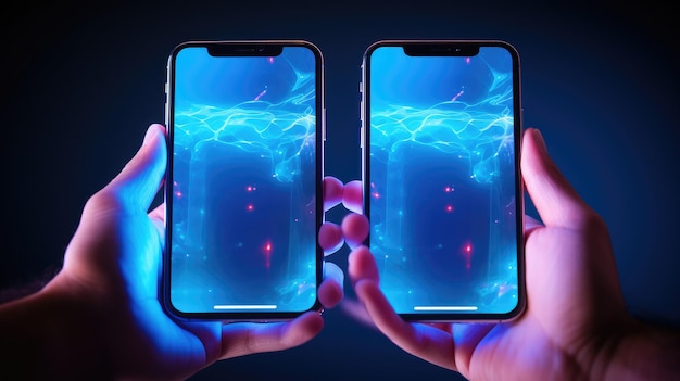 Photo glowing digital connection smartphone in neon woman's hand holding a phone with an empty screen isolated on blue closeup copy space