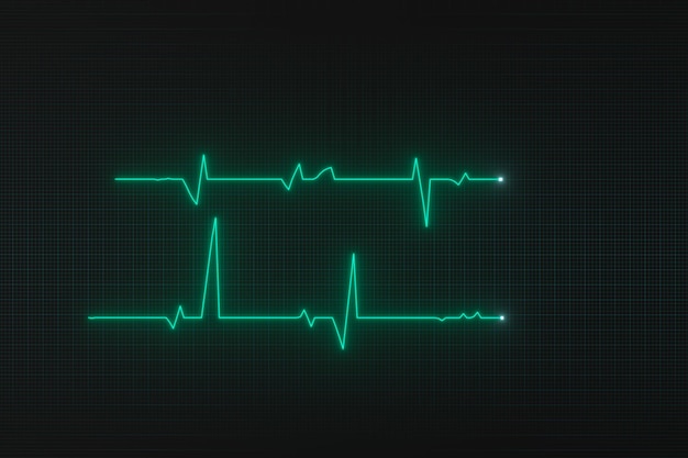 Foto linea di battito cardiaco digitale incandescente che si riflette sul rendering 3d del monitor