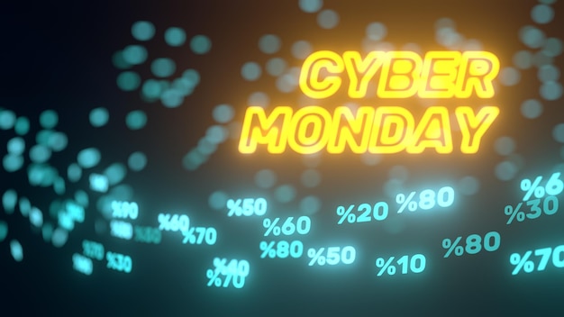 Photo glowing discount rates flying front of cyber monday text. suitable for technology, coding and cyber monday themes. 3d illustration