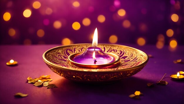 A glowing diya lamp surrounded by a halo of twinkling bokeh lights