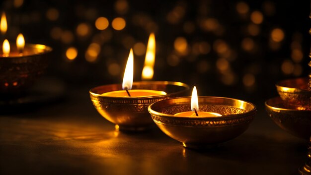 A glowing diya lamp surrounded by a halo of twinkling bokeh lights