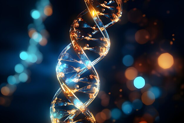 Glowing DNA helix with a futuristic blue and orange light effect