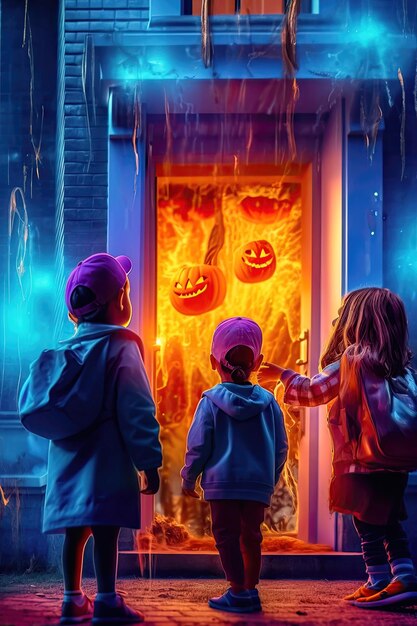 Glowing Door Adventure Kids' Halloween Night at Old House Generative AI