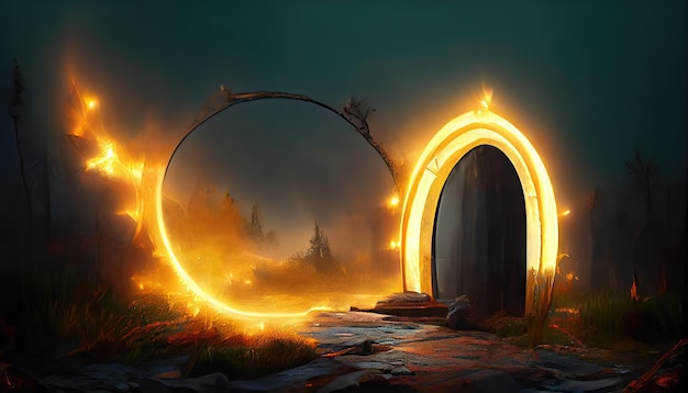 A glowing door in a forest with a ring of light on it