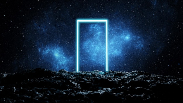 Glowing doorway portal in space on a stone planet A door to other worlds 3d render