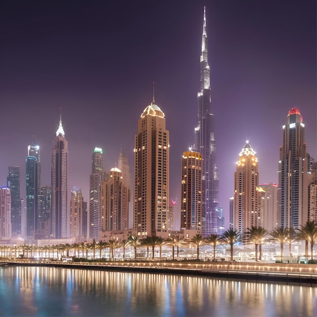 Glowing Dubai Burj Khalifa dominates skyline amidst colorful lights serene waters and palm trees