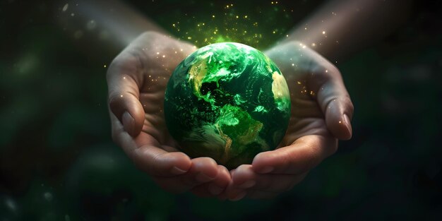 Glowing earth in human hands illustrating ecology and care a conceptual environmental protection image artistic representation of sustainability AI