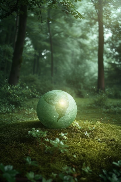 Glowing Earth in the middle of a lush green forest