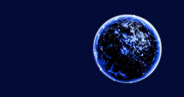 輝く地球と青い背景の軌道インターネット技術の背景