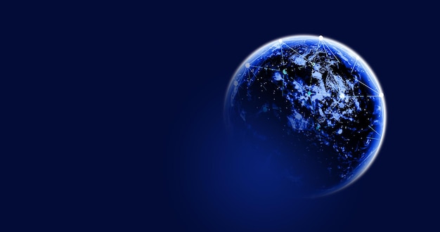 빛나는 지구와 파란색 배경에 궤도 인터넷 기술 배경