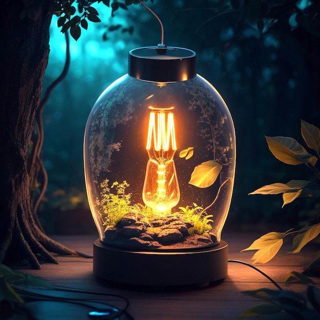 Glowing electric lamp illuminates nature bright ideas generated by AI