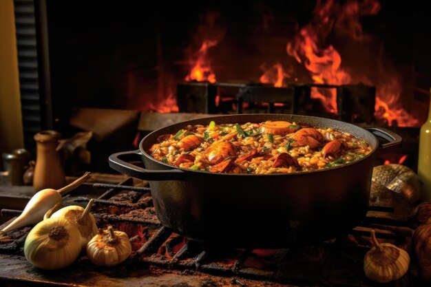 Glowing embers beneath a pot of simmering jambalaya created with generative ai