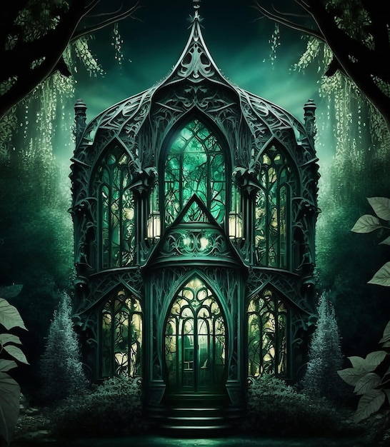 Glowing emerald fairytale palace in dark wood