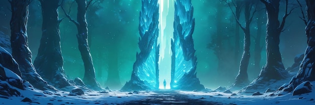 The glowing entrance to the mystical portal a nighttime adventure in a winter forest