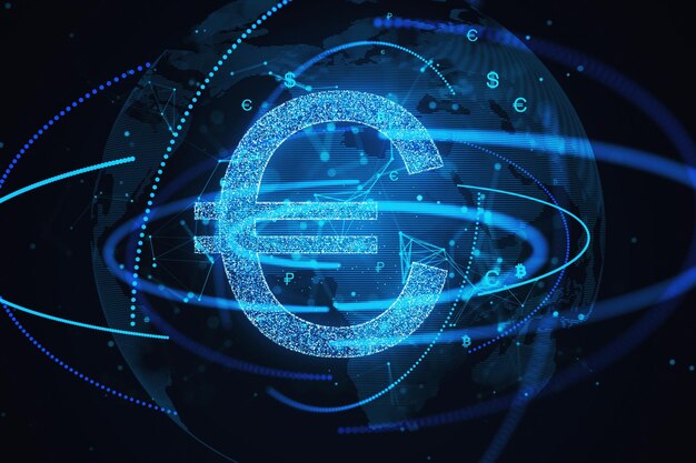 Glowing Euro-icoon met wereldwijde financiële netwerk achtergrond Economie en digitale valuta concept 3D-rendering