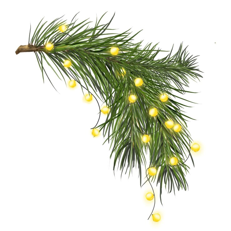 Photo glowing festive garland on pine branch watercolor digital illustration yellow glowing bulbs isolated
