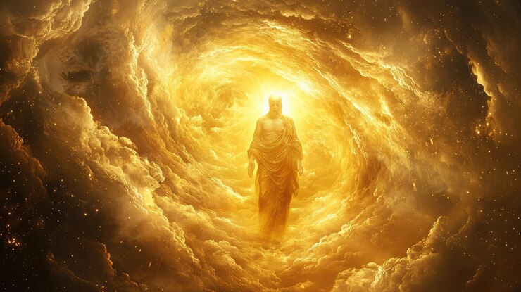 Photo a glowing figure of god surrounded by swirling clouds radiates divine light