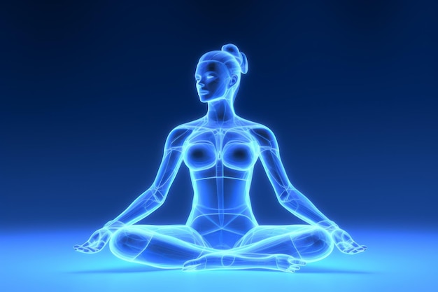 A glowing figure is sitting in a lotus position