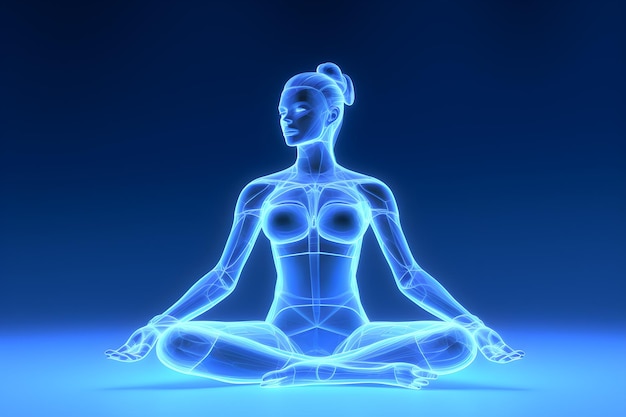 A glowing figure is sitting in a lotus position.