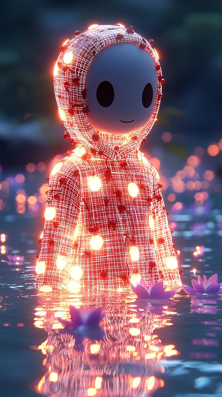 Photo glowing figure in a watery landscape