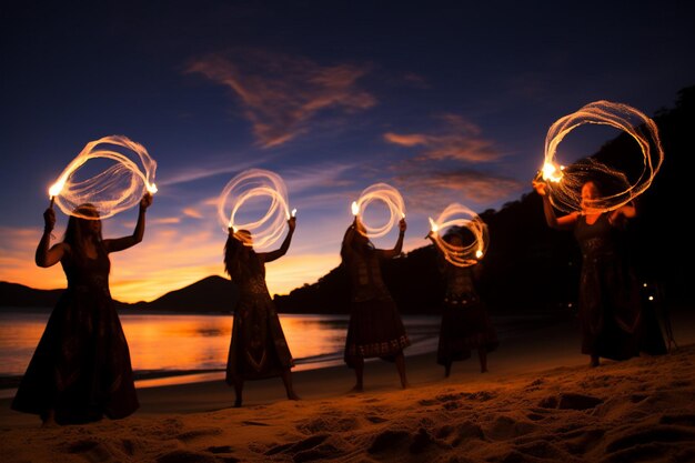 Foto artisti di poi a fuoco incandescente in una riunione in spiaggia
