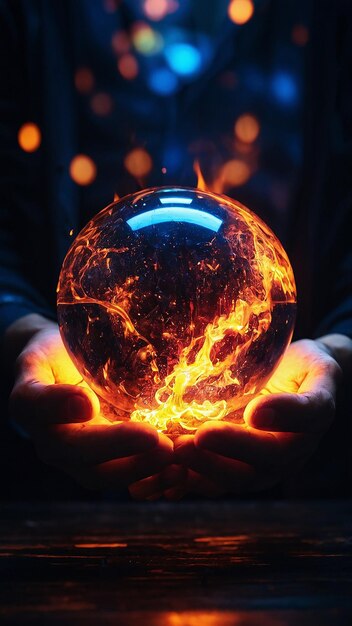 Foto una sfera di fuoco incandescente tenuta per mano ai foto