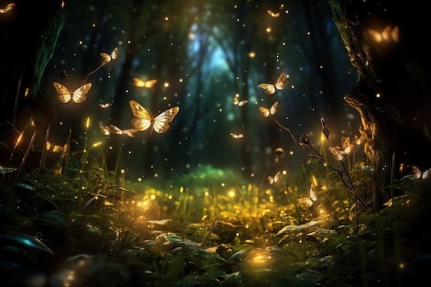 Glowing fireflies lighting up magical fairytale world