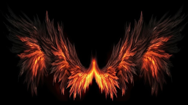 Фото Светящиеся пламенные крылья огонь на черном фоне цифровая иллюстрация generative ai