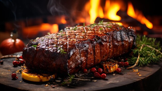 Glowing Flames of Grilled Char Steak Ready to Eat