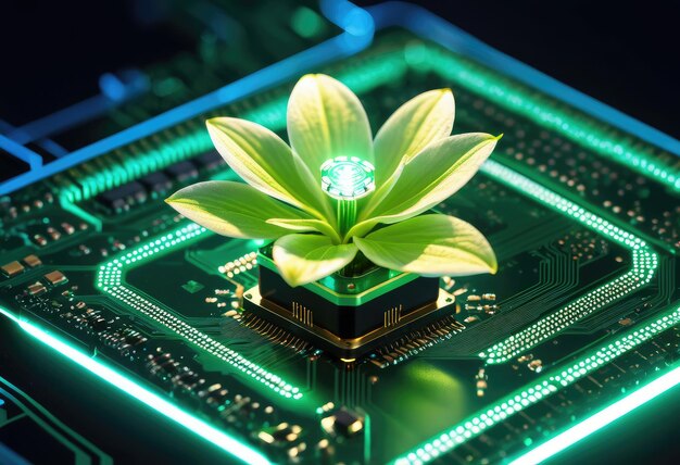 A glowing flora emerging from a microchip illustrating the concept of digital sustainability