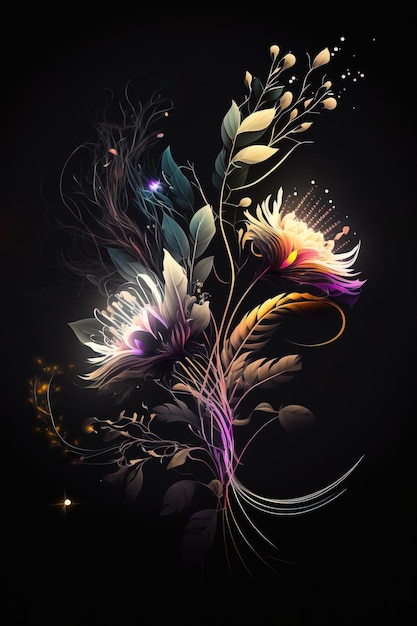 Glowing flowers illustrations art design for poster, print or digital, isolated in black dark