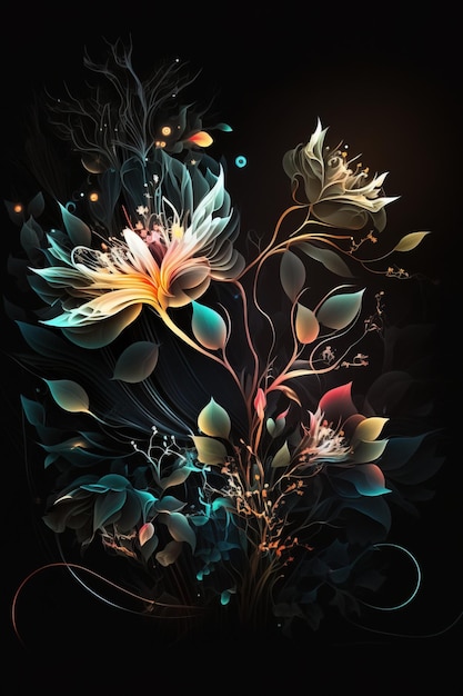 Glowing flowers illustrations art design for poster, print or digital, isolated in black dark