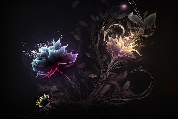 Glowing flowers illustrations art design for poster, print or digital, isolated in black dark